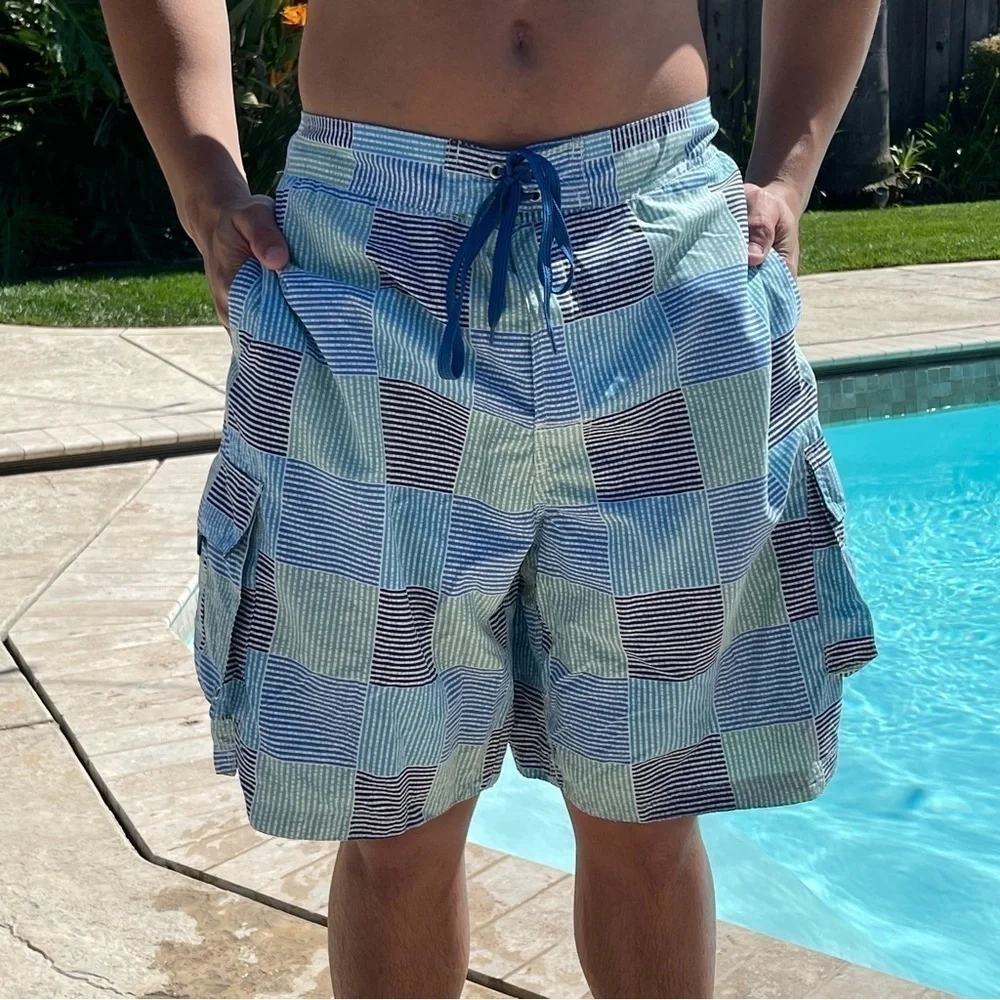 NWT Club Room M & XL Aquamarine Plaid Striped Swim Trunks MT0